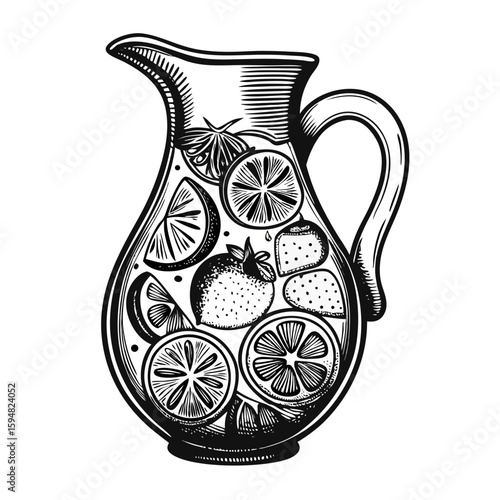 Sangria jug with fruits, graphic illustration of refreshing beverage filled with citrus slices. Sangria jug with fruits for warm days, includes star anise. Concept sangria jug with fruits,