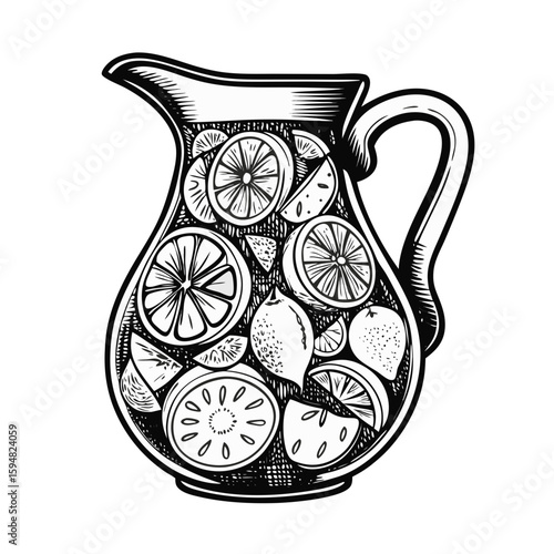 Sangria jug with fruits, a refreshing beverage vector in monochrome style. Enjoy sangria jug with fruits, summer drink with citrus slices and refreshing aroma; a classic party cocktail.