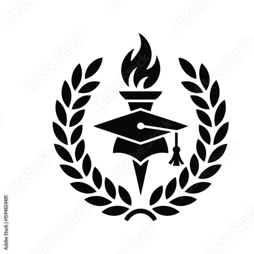 Academic achievement symbol with graduation cap and torch within laurel wreath
