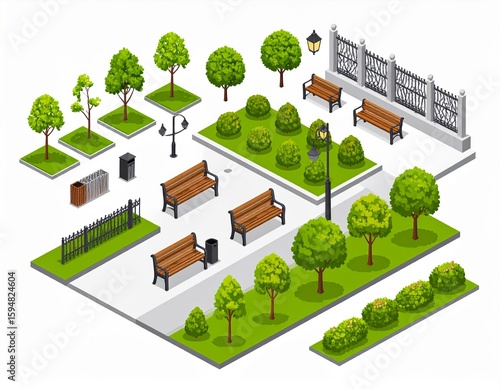Modern park isometric elements constructor mega set. Creator kit with flat graphic street lanterns, trees and bushes, fences, benches, trash bins, paths. Vector illustration in 3D isometry design.