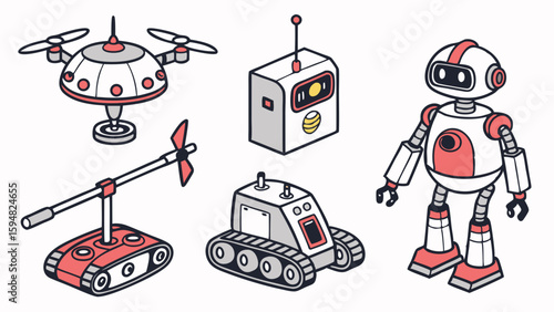 Isometric illustration of diverse robots drone humanoid tracked rover propeller bot and remote control in a clean white and red line art style.