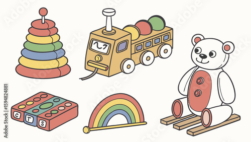 Colorful classic wooden children's and baby toys illustration set featuring a stacking ring tower, pull-along train, teddy bear, and rainbow arch.