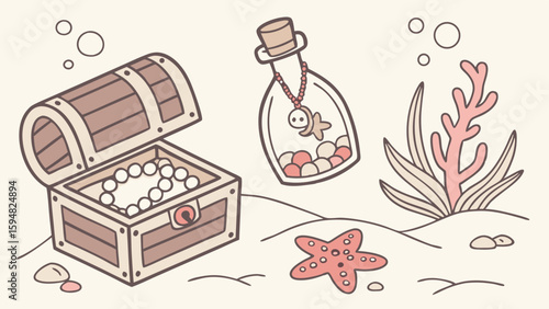 Cute cartoon underwater illustration with an open treasure chest full of white pearls, a bottle containing a fish charm, a starfish, and pink coral on the sandy ocean floor.