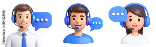 3d illustration customer service headset smiling communication support speech bubble call center teamwork professional friendly technology digital cartoon male female avatar business online
