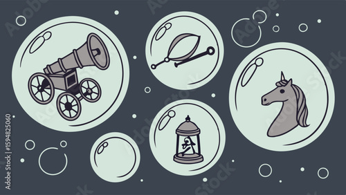 Cartoon flat design illustration featuring various objects in bubbles including a megaphone cannon whip unicorn head and lantern on a dark background with floating circles