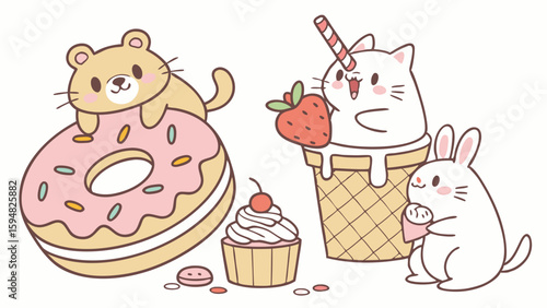 Adorable kawaii cartoon animals enjoying sweet desserts. Cute bear on a pink donut, unicorn cat in ice cream, bunny with treat. Pastel vector illustration.