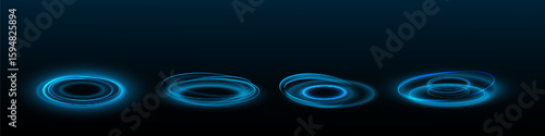 Neon blue light circles on dark background. Futuristic hologram portal. Vector realistic illustration of round platforms. Magic tunnel.