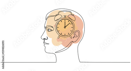 Time management planning. Business time control — alarm clock inside man’s head — one line doodle drawing with watercolor fill, minimalistic vector illustration on white background
