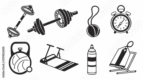 Black and white vector icons of various fitness and gym equipment including dumbbells barbells kettlebells yoga mats water bottles and an alarm clock for workouts.
