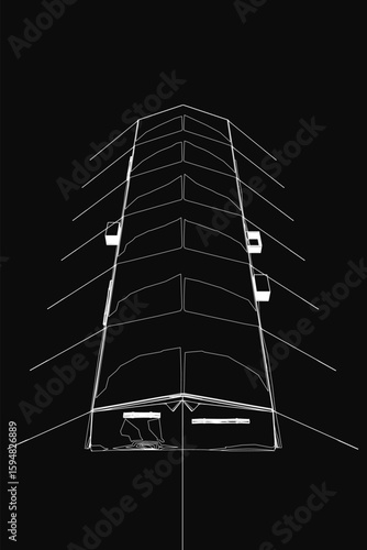 A tall black and white building with numerous windows stands against a dark background, resembling a tent-like contour. The detailed drawing highlights architectural precision and stark contrasts.