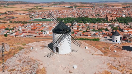Aerial view of the historic windmills of Consuegra, Castilla-La Mancha, Spain.