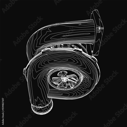 A black and white contour drawing of a turbocharger highlights intricate mechanical details against a dark background. The turbine's precise lines and industrial design stand out in stark contrast.