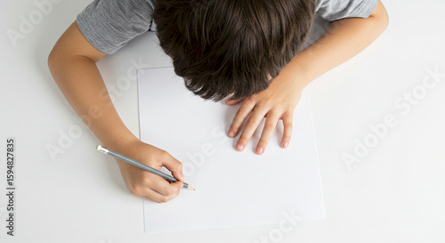 Young boy writing with pencil on blank paper at white table  