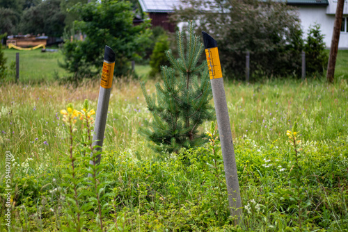 Two tilted gas pipeline markers stand among wild grass and flowers in a rural area, indicating underground infrastructure presence.