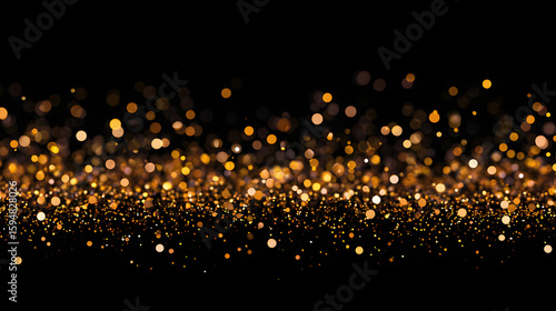 falling gold confetti overlay on dark black background, sparkling effect overlay for event designs, celebration or holiday atmosphere with glowing glitter, festive background for parties