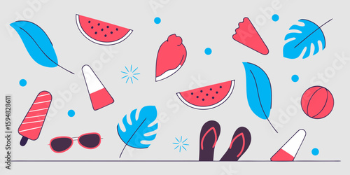 Summer themed pattern with watermelon, ice cream, leaves, and flip flops for a fun, summery vibe