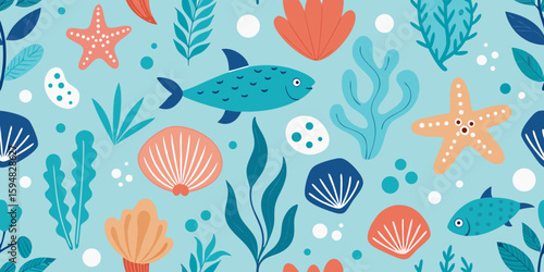 Whimsical Ocean Life Seamless Pattern Featuring Sea Creatures and Algae for Textiles and Backgrounds