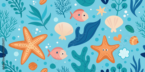 Seamless pattern with sea life elements, including starfish, shells, fish and aquatic plants
