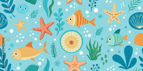 Seamless pattern of playful underwater life featuring cute fish, starfish, and aquatic plants