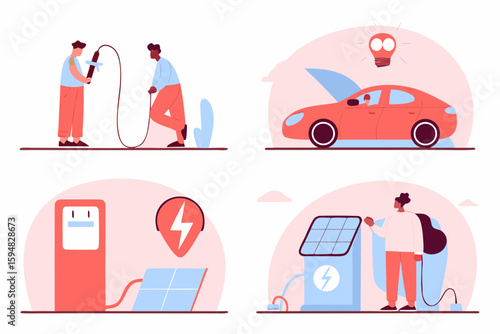 Electric vehicle charging station with people and solar panels for sustainable energy use