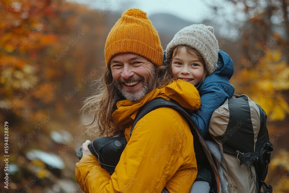Fototapeta premium Happy parents with their children on piggyback during an autumn walk amidst colorful nature, promoting a healthy and active lifestyle, Generative AI