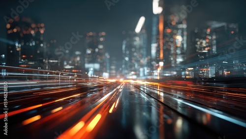 Fototapeta Naklejka Na Ścianę i Meble -  Blurry city street at night, motion blur of lights