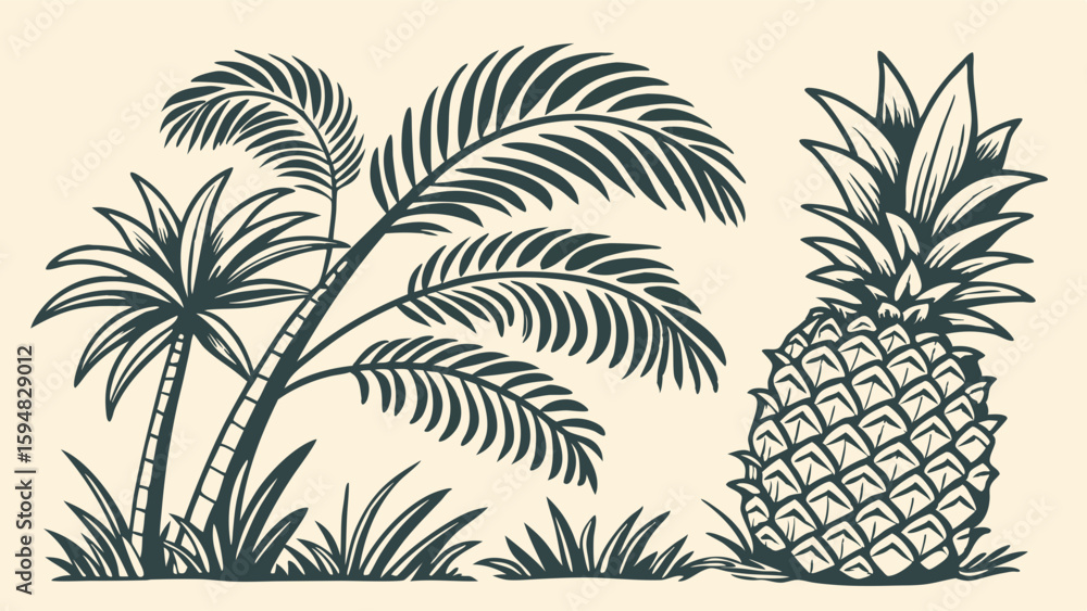 Fototapeta premium Highly detailed vintage tropical island illustration featuring elegant palm trees, lush exotic foliage, and a beautifully rendered pineapple in a classic engraved retro style.