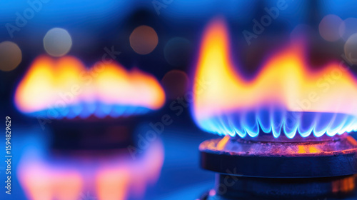 Blue flames of gas burners create vibrant display, symbolizing energy and warmth in cozy setting
