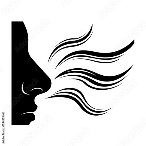 A black silhouette of a nose smelling something isolated on white background