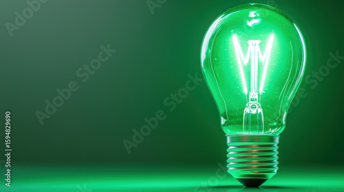 Glowing green light bulb symbolizes energy efficiency and innovation, illuminating space with vibrant hue