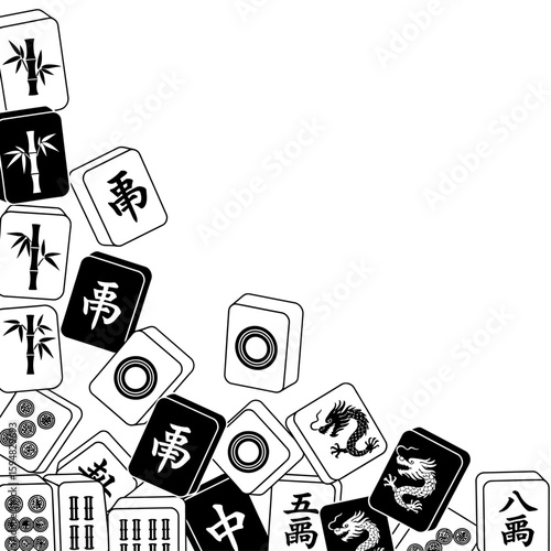 A collection of mahjong tiles are scattered on a white background
