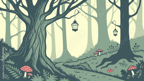 Serene fantasy forest illustration featuring a winding path, ancient trees, whimsical hanging lanterns, and vibrant red mushrooms. Dreamy woodland art.