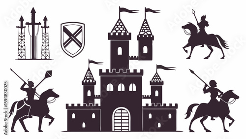 Medieval Castle and Knight Silhouettes Vector Set. Historical Icons Featuring Warriors on Horseback, Swords, Shields, and Fortresses.