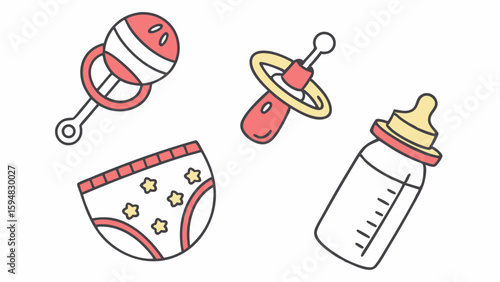 Clean line art vector illustration of baby essentials a rattle a pacifier a diaper and a bottle. Cute newborn infant care items on white.