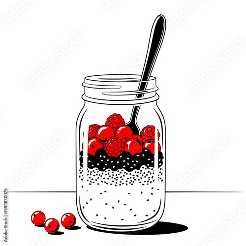 A mason jar filled with oatmeal, berries, and a spoon isolated on white background