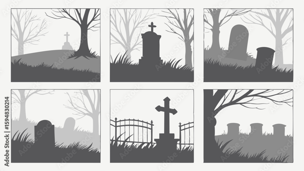 Fototapeta premium Monochrome graveyard silhouette vector art set featuring tombstones, crosses, and bare trees, creating a spooky cemetery landscape.