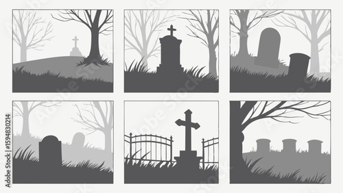 Monochrome graveyard silhouette vector art set featuring tombstones, crosses, and bare trees, creating a spooky cemetery landscape.