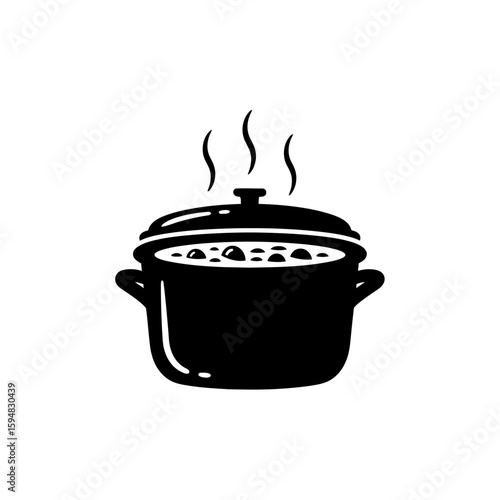 A pot of stew is steaming isolated on white background