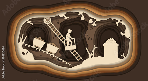 Silhouette of a miner in a mine shaft, in paper cut style for posters, with copy space. Miners' day poster