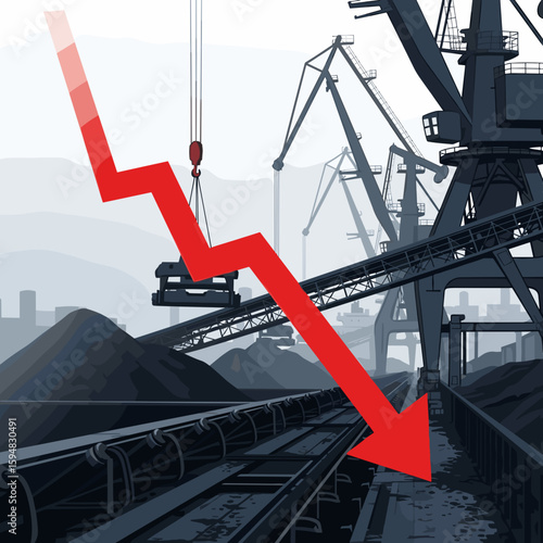 Falling prices shown with an arrow at a coal transshipment point, representing market decline
