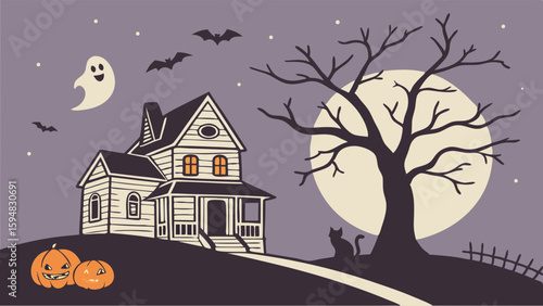 Spooky Halloween Night Vector Illustration featuring a Haunted House, Bare Tree Silhouette, Full Moon, Ghost, Bats, Black Cat, and Jack-o-Lanterns.
