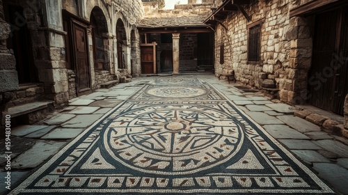 Fototapeta Naklejka Na Ścianę i Meble -  Ancient mosaic floor in a stone courtyard.