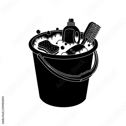 A bucket full of cleaning supplies isolated on white background