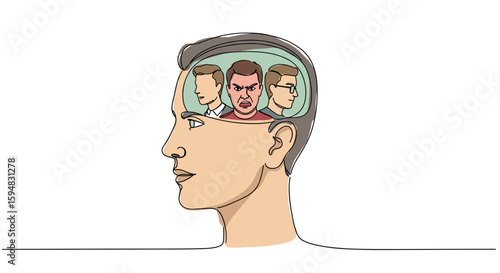 Multiple personality. Different emotions  anger and calmness. Different people inside man’s head — one line doodle drawing with watercolor fill, minimalistic vector illustration on white background