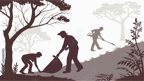Silhouette illustration of people cleaning and clearing a forest, depicting environmental conservation, land management, and wildfire prevention.