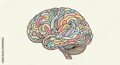 Abstract illustration of a human brain, composed of swirling, colorful lines and patterns on a beige background.