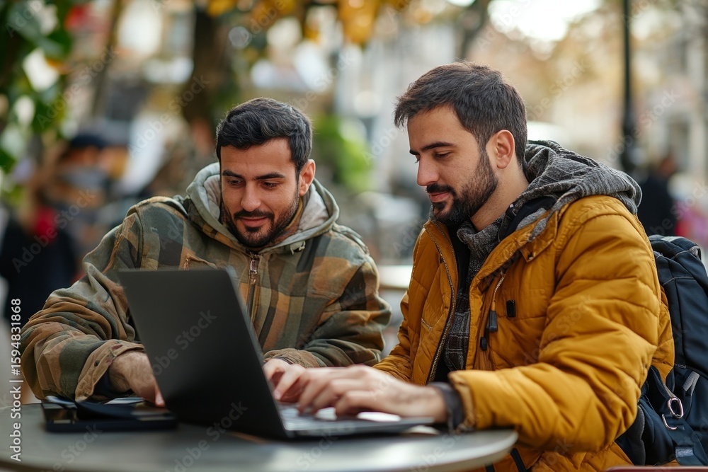 Fototapeta premium Young man with Down syndrome sitting outdoors with his mentor in a caf, using a laptop, illustrating the supportive relationships and inclusion of individuals with disabilities, Generative AI