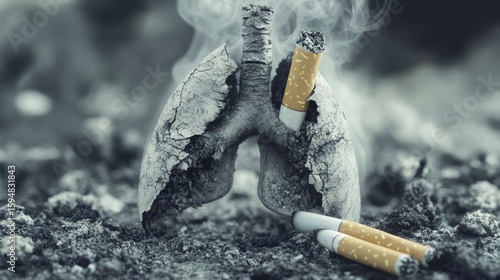 Damaged lungs with cigarettes, smoking, health risk, addiction.