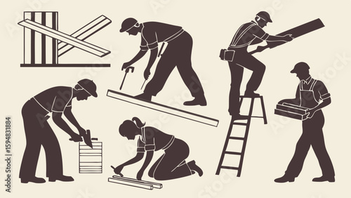 Monochrome Silhouettes of Construction Workers Engaged in Various Building Tasks Like Sawing, Hammering, and Painting, Depicting Carpentry and Home Renovation