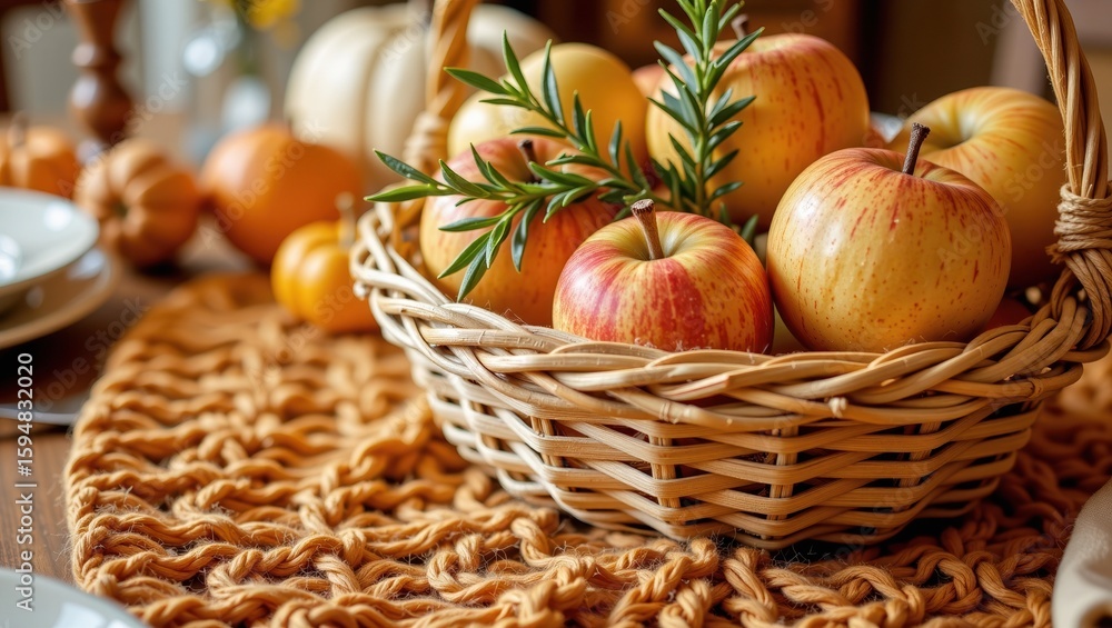 Fresh apples in a woven basket on a rustic table setting Fresh apples in a woven basket on a rustic table setting